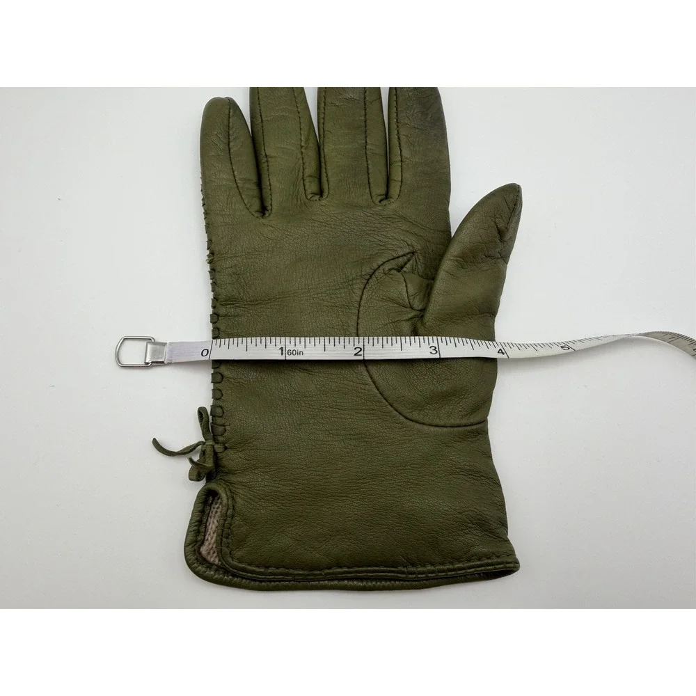 Olive Green Leather Gloves Side Stitching Detail Size Medium